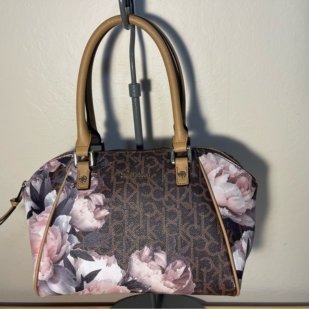 Calvin Klein Floral Monogram Overlay Handbag Brown Pink Satchel Shoulder Bag